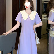 榮西圖溫柔風(fēng)韓版顯瘦連衣裙娃娃領(lǐng)短袖長裙女 紫色【面料  A字裙】 M 建議100到110斤