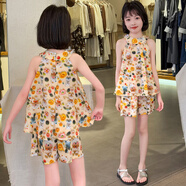 恒孞女童夏裝套裝童裝新款洋氣兒童夏季韓版雪紡吊帶背心短褲兩件套 小熊掛脖套裝 110 cm