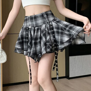 伊琦蕾（YIQILEI）紅色格子半身裙女早春高腰A字裙辣妹短裙百褶裙格 黑色 M