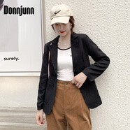 DONNJUNN薄款亞麻西裝女2025夏季新款英倫風(fēng)休閑百搭亞麻小西服外套 黑色(長(zhǎng)袖) 常規(guī) L