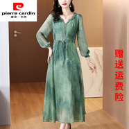 皮爾卡丹（pierre cardin）木耳邊V領(lǐng)長(zhǎng)袖雪紡連衣裙女春夏高級(jí)感輕奢釘珠系帶收腰印花裙子 花色 3XL