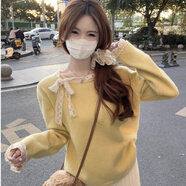 姿偉祺美式2025春秋韓版圓領(lǐng)甜美蕾絲邊軟糯小眾針織衫內搭長(cháng)袖毛衣女潮 黃色 S