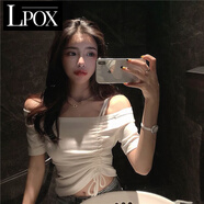 LPOX短款綁帶抽繩t恤女緊身短袖露肩性感打底衫網(wǎng)紅設計感一字肩上衣T 白色[收藏優(yōu)先發(fā)貨](méi) L 105-115斤