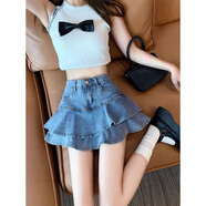 HUALIN FASHION荷葉邊牛仔短裙顯瘦包臀半身裙大碼胖妹夏天高腰蓬蓬裙 藍色 XL 【量】