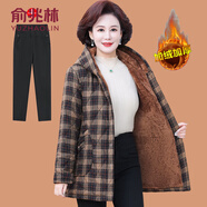俞兆林（YUZHAOLIN）中老年媽媽冬裝外套加絨加厚棉衣洋氣奶奶時(shí)尚大碼格子羊羔絨棉衣 咖格 +   黑色加絨褲 XL (參考90-105斤)