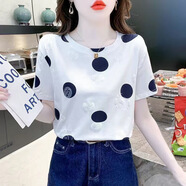 登森奧奧短袖t恤女2025夏季新款條紋印花寬松顯瘦半袖圓領(lǐng)上衣打底衫 白色大波點(diǎn) XL 建議115-130斤