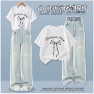 OVE女童夏裝套裝2025新款兒童夏季洋氣休閑短袖女大童夏天韓系牛仔褲 13181藍色+19060白色 120 cm