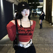 FHHUABD秋冬新款辣妹德絨長(cháng)袖T恤女修身短款設計感打底衫上衣背心兩件套 黑色吊帶+棗紅色T恤-德絨 L 【建議105-115斤】