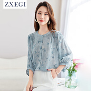 ZXEGI流行牛仔藍(lán)真絲襯衫女圓領(lǐng)七分袖春夏新款寬松印花100%桑蠶絲上衣 牛仔藍(lán) 2XL