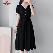 皮爾卡丹（pierre cardin）法式赫本風(fēng)黑色花邊連衣裙大碼遮肉有腰身過(guò)膝裙子2025夏季新 小黑裙 【高品質(zhì)送退貨包運(yùn)費(fèi)】 L 建議(95-110斤)
