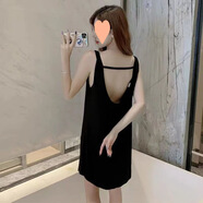 FHHUABD睡衣女夏季韓版性感睡裙中長(cháng)款短袖大碼吊帶連衣裙露背寬松家居服 黑色橫條裙 M 【80-100斤】