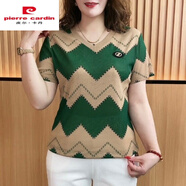 皮爾卡丹（PIERRE CARDIN）冰絲印花條紋小衫2025春夏短袖時尚顯瘦媽m裝大尺碼女裝上衣 FE-028綠色 2XL 【建議131-140斤】