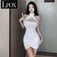 LPOX2025新款網(wǎng)紅純色辣妹交叉褶皺包臀連衣裙抹胸收腰掛脖短裙女 白色 S _100斤以內(nèi)