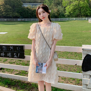 皮爾卡丹（pierre cardin）韓國chic夏季甜美氣質(zhì)圓領(lǐng)立體花朵設(shè)計感寬松泡泡袖小個子連衣裙 杏色 M （建議100-110斤)