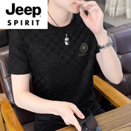 JEEP SPIRIT高檔男士冰|絲短袖t恤2025夏季新款桑蠶絲高端圓領(lǐng)體恤衫半袖上衣 5黑色 4XL 170-185斤