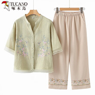 啄木鳥(niǎo)（TUCANO）母親節媽媽夏裝套裝2025新款中老年女裝棉麻刺繡小衫短袖上衣兩件 秋香色上衣+富貴繡花褲 3XL 建議120-130斤