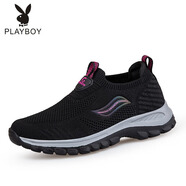 花花公子（PLAYBOY PHYSICAL）老人鞋男春秋季網(wǎng)面鞋官方防滑軟底防水爸爸運動中老年健步鞋 H9202黑玫女款 （收藏送襪子） 38