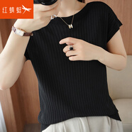 紅蜻蜓冰絲針織衫女寬松2026年夏季新款女士上衣小衫篇幅短袖t恤女 黑色 均碼 【建議80-130斤】