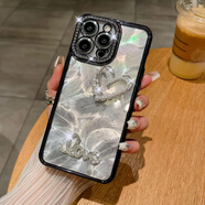 蘋(píng)格適用iPhone16PROMAX愛(ài)心水鉆手機(jī)殼鐳射羽毛蘋(píng)果15鑲鉆邊框軟護(hù)套 黑色 iPhone16plus