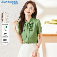 真維斯（JEANSWEST）短袖襯衫女士夏季襯衣2025時尚洋氣法式氣質(zhì)雪紡上衣綠色XL