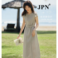 JPN香港潮牌連衣裙女2025夏季新款純色小個子過膝收腰顯瘦打底A字裙 灰綠色 L