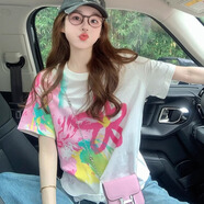 沂懿短袖女純棉白色t恤寬松上衣2026夏季新款大碼顯瘦遮肚子高顏值 漸變涂鴉花朵短袖【白色】 S