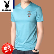 花花公子（PLAYBOY）純棉短袖t恤男士V領(lǐng)薄款絲光棉青年寬松體恤男上衣 A-V886綠色 3XL 185(適合體重180-200斤)