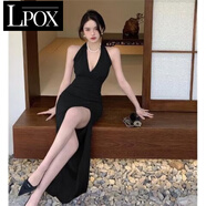 LPOX性感連衣裙開叉掛脖連衣裙女夏赫本風高級感小禮裙修身性感長款 黑色 M 【95-105斤】