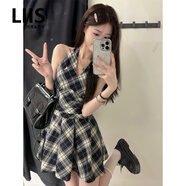 LIIS海外高端品牌黑白格子連衣裙女2025夏季新款復古收腰顯瘦v領(lǐng)掛脖 背心裙 S