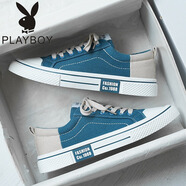 花花公子（PLAYBOY PHYSICAL）帆布男鞋2025新款春季透氣低幫休閑平板鞋百搭增高青少年運動(dòng)潮鞋 藍色 39  標準運動(dòng)碼