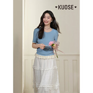 闊色（kuose）黃色荷葉邊短袖針織衫上衣女2025春夏季新款小個(gè)子修身T恤 藍色 S