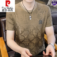 皮爾卡丹（pierre cardin）暗花t恤男人短袖夏季虎頭燙鉆感圓領(lǐng)體恤卡其色冰絲半袖上衣 【短袖】8730卡其色 M 90-115斤