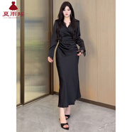 夏雨瑤2026大碼女裝秋季新款感法式時(shí)尚氣質(zhì)顯瘦長(cháng)袖連衣裙蕾絲拼接 黑色連衣裙(長(cháng)款) L 101-120斤
