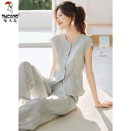 啄木鳥時尚休閑套裝女2025夏季新款韓版洋氣無袖襯衫上衣寬松長褲兩件套 薄荷綠 L 110-120斤