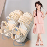 茨語(yǔ)（ciyu）童鞋女童涼鞋2025夏季新款女寶露趾可愛(ài)蝴蝶結公主涼鞋軟底沙灘鞋 8208米白色 34 內長(cháng)21cm（適合20.2cm腳長(cháng)）