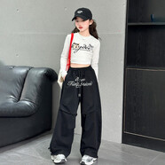 女童爵士舞套裝春季炸街女大童時(shí)髦長(cháng)袖t恤兒童jazz闊腿褲兩件套 單件-白色打底上衣 140