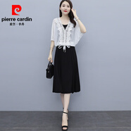 皮爾卡丹（pierre cardin）夏天大碼女裝胖mm套裝2025年夏季新款減齡遮肚顯瘦連衣裙子兩件套 白披肩黑裙 M （90斤以下）