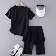 蜜莎蜜拉（Mirza Mirror）跑步運(yùn)動(dòng)套裝女晨跑服夏訓(xùn)練五分褲跳操服薄款寬松透氣健身衣短袖 黑色兩件套黑褲 2XL