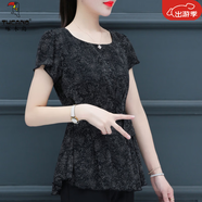 啄木鳥(niǎo)雪紡衫女夏2025新款短袖流行上衣收腰修身碎花女士雪紡小衫 6712#黑色 2XL 建議125-135斤
