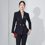 安依蓮雙排扣小西裝外套女春季時尚氣質(zhì)職業(yè)裝西服套裝商務(wù)工作服正裝 黑色西裝+褲子 S