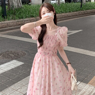 紫昕月法式溫柔碎花方領(lǐng)泡泡袖連衣裙子女2025夏季氣質(zhì)收腰字中長(cháng)裙子 粉色連衣裙 M 建議95-110斤