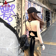 夏雨瑤性感露背背心吊帶女美背掛脖綁帶修身顯瘦無(wú)袖純欲辣妹短款上衣夏 黑色 (立體裝飾綁帶掛脖設計) S (建議100斤內)