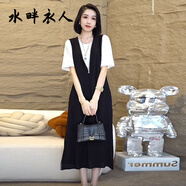 水畔衣人拉鏈背心連衣裙女歐洲站2025夏新款歐貨寬松洋氣t恤背帶裙兩件套 黑色 M 【建議95-105斤】