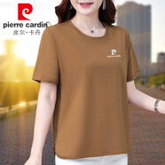皮爾卡丹（pierre cardin）短袖t恤女士2025年新款夏季寬松大碼女裝半袖中年媽媽體恤衫上衣T 棕咖 2XL 碼丨建議130-150斤