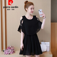 皮爾卡丹（pierre cardin）官方品牌雪紡連衣裙韓版加大碼寬松顯瘦胖MM中長(cháng)款氣質(zhì)淑女假兩件 黑色 L 105-120斤