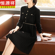 恒源祥（HYX）媽媽裝2024秋新款針織連衣裙中老年女秋季本命年紅色毛衣打底裙 黑 4XL (建議160-170斤)