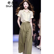 舒芳蝶（shufangdie）休閑褲夏裝搭配一整套穿搭棉麻短袖襯衫闊腿褲炸街減齡時(shí)尚套裝女 綠色長(cháng)褲 L