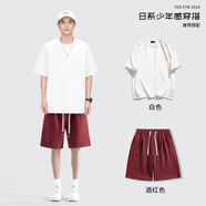 姿偉祺夏季日系簡(jiǎn)約短袖恤男套裝青少年休閑百搭潮流短褲運(yùn)動(dòng)兩件套 白色上衣+酒紅色短褲 M