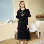 木果果木2025春夏新款中長(cháng)款拼接黑色蛋糕裙絕美網(wǎng)紗連衣裙 黑色 L