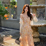 瑞秋兒碎花吊帶連衣裙女夏季新款女裝收腰顯瘦不規(guī)則荷葉邊套裝長裙子 花色 S